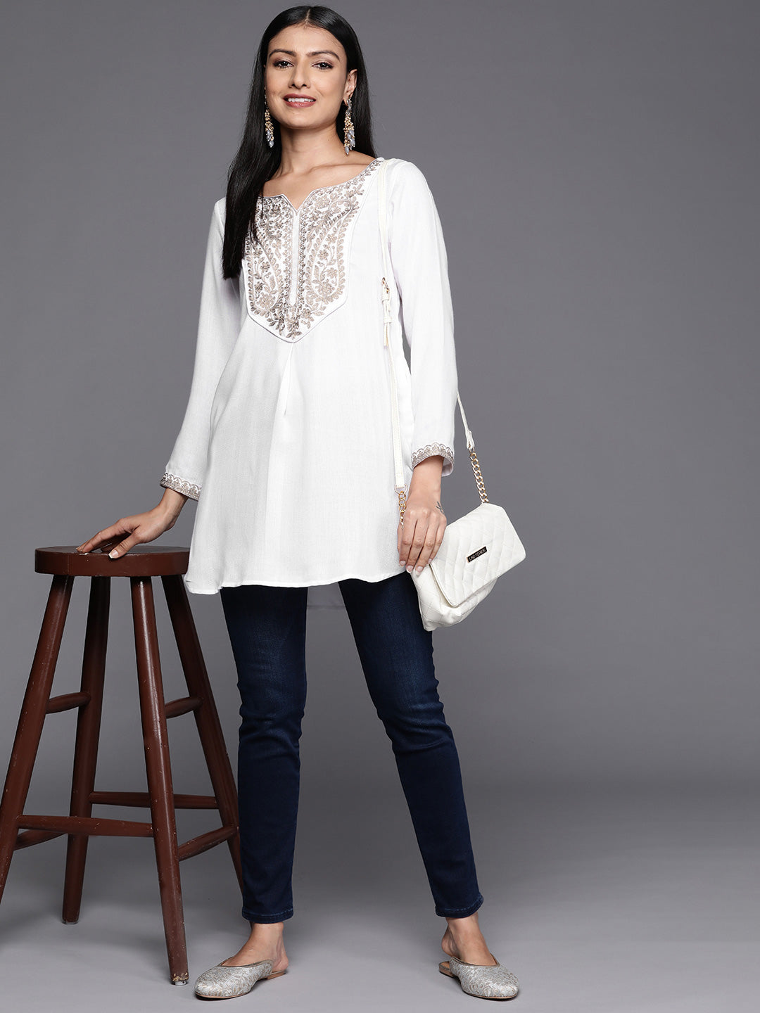 Shop Women's White Faux Pashmina Embroidered Tunic Top