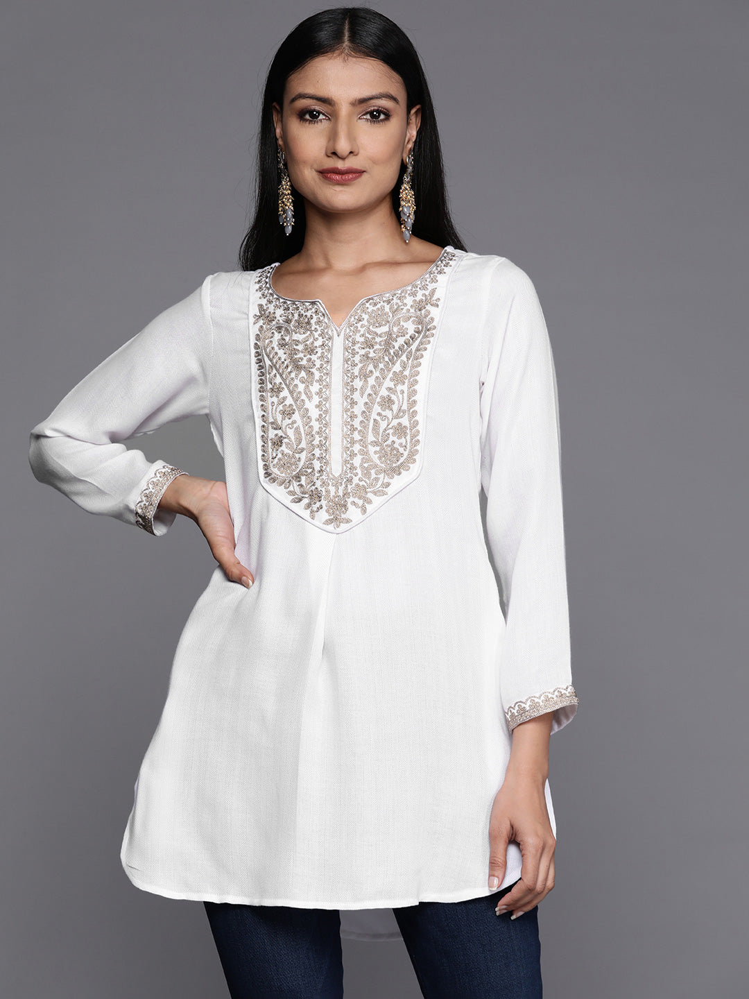 Women's White Faux Pashmina Embroidered Tunic Top