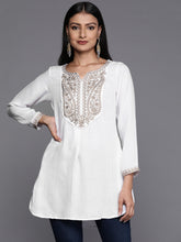 Women's White Faux Pashmina Embroidered Tunic Top
