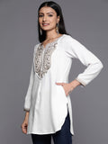 Women's White Faux Pashmina Embroidered Tunic Top