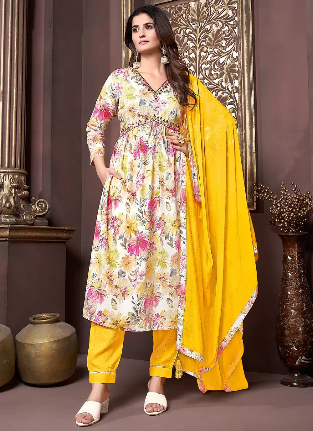 Wonderful Yellow Women Floral Print A-Line Kurta Set