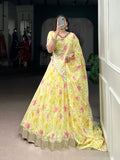 Yellow Floral Lehenga with Embossed Lace Work
