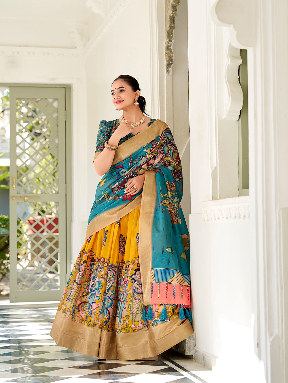 Yellow Dola silk Kalamkari print lehenga