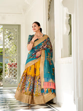 Yellow Dola silk Kalamkari print lehenga