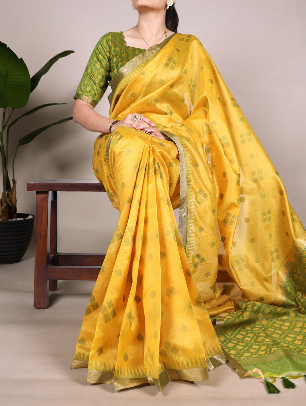 Yellow Jacquard silk saree with zari weaving