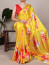 Floral print satin silk saree in yellow