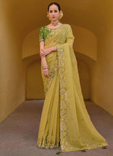 Gorgeous Yellow Tissue Organza Silk Saree with Embroidery, Stone, and Sequin Work