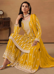 Yellow Faux Georgette Embroidered Palazzo Salwar Suit