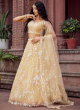 Yellow net haldi ceremony lehenga choli with embroidery