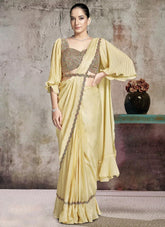 Yellow Crepe Satin Silk Ready To Wear One Minute Saree with Sequins & Aari Work