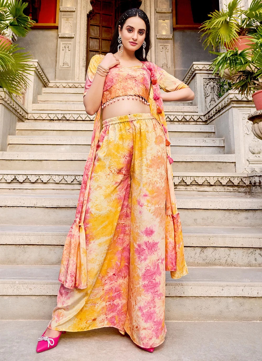 Yellow Silk Printed Koti Style Readymade Suit