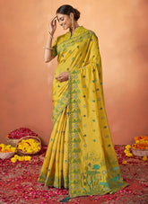 Yellow Tusser Silk Floral Thread Work Indian Saree