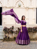 Elegant Dark Purple Zari Weaving Chanderi Silk Wedding Wear Lehenga Choli With Dupatta