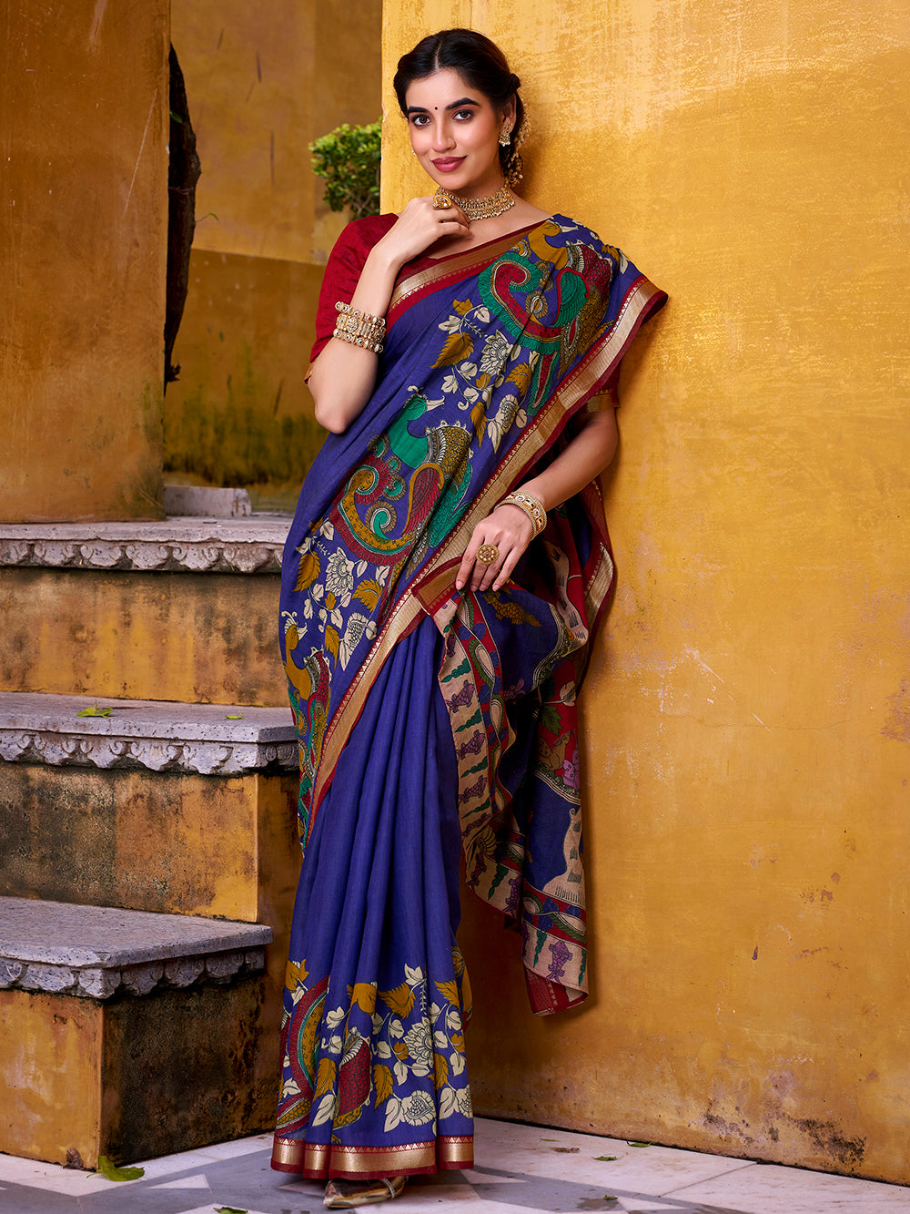 Blue kalamkari print chanderi saree