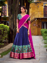Printed navy blue lehenga with stitched blouse