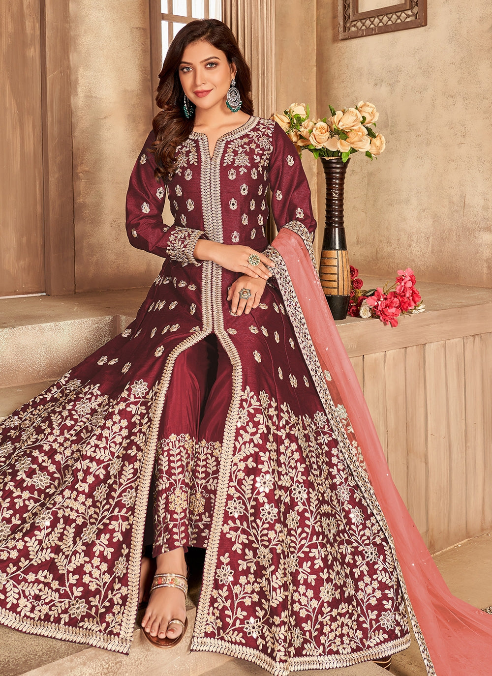 Adorable Maroon Embroidered Slitted Abaya Style Kameez