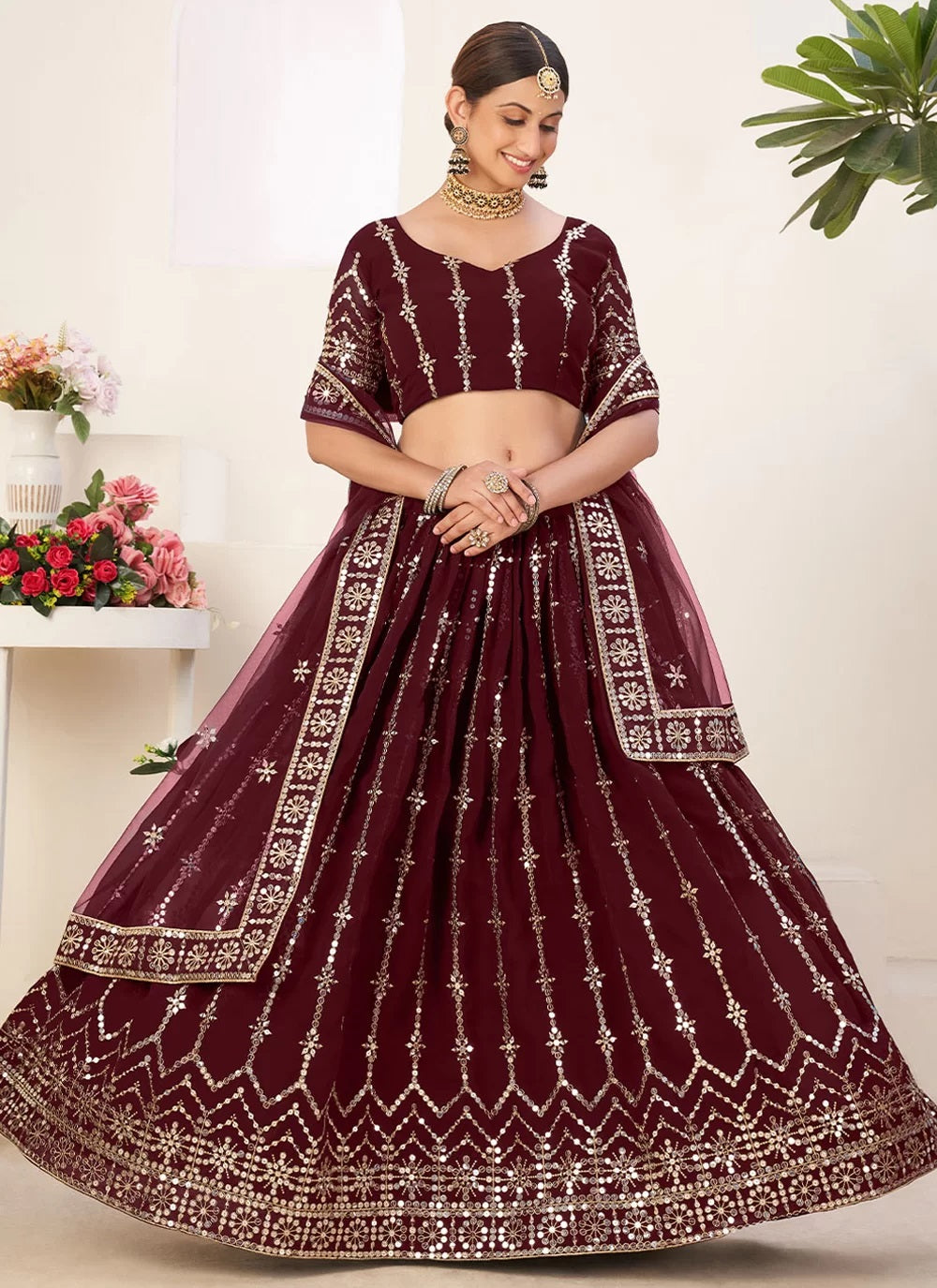 Adorable Maroon Faux Georgette Sequins Embroidered Lehenga