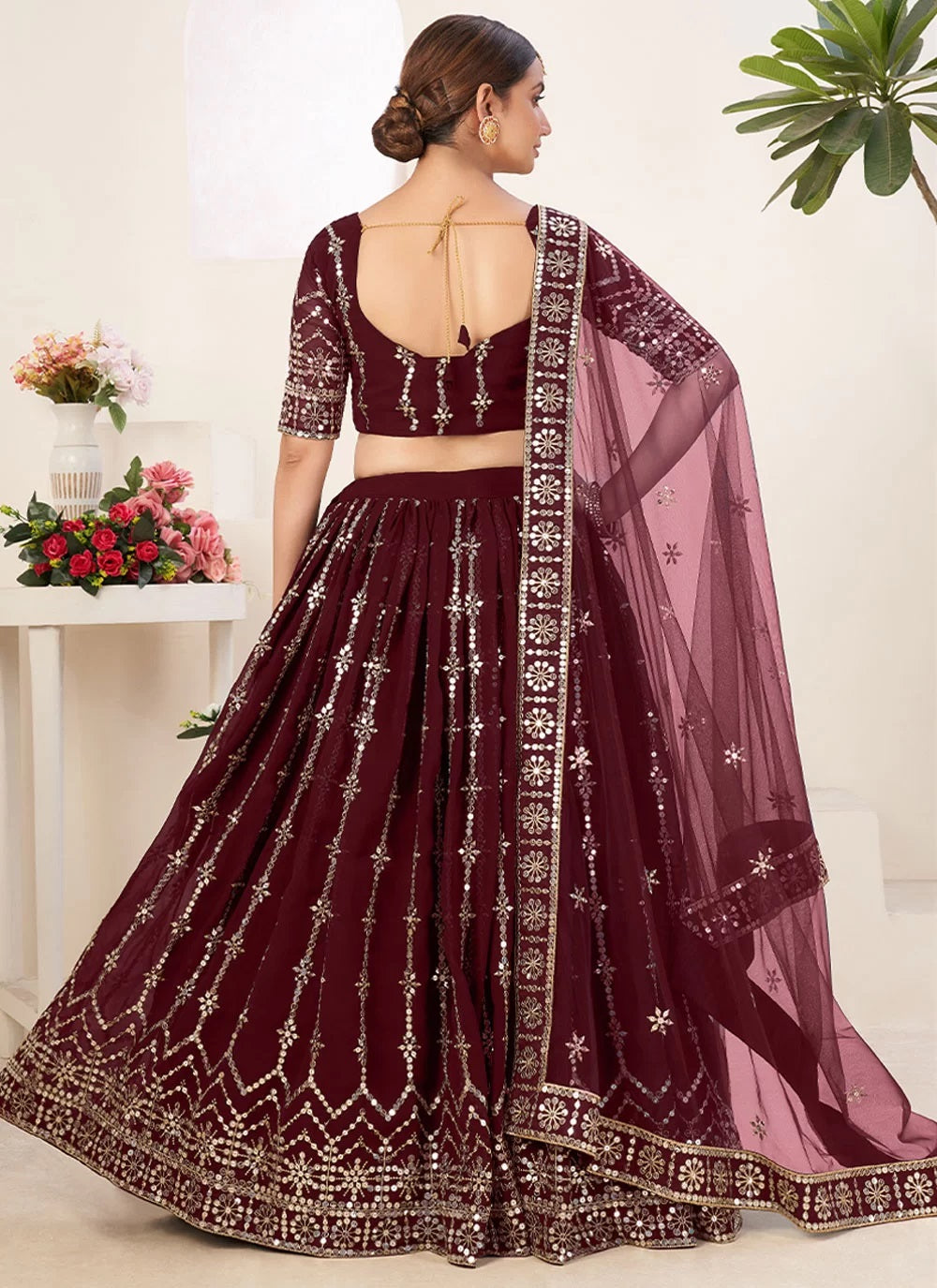 Adorable Maroon Faux Georgette Sequins Embroidered Lehenga