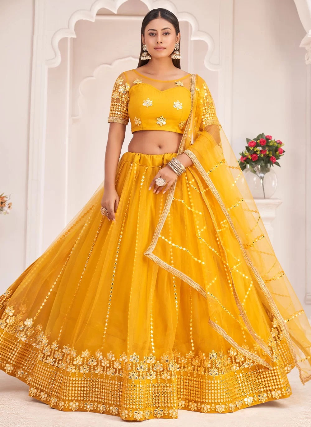 Adorable Mustard Net Zari and Sequence Embroidery Indian Lehenga
