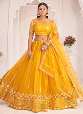Adorable Mustard Net Zari and Sequence Embroidery Indian Lehenga