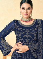 Anarkali Style Net Embroidered Blue Salwar Suit
