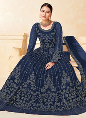 Anarkali Style Net Embroidered Blue Salwar Suit