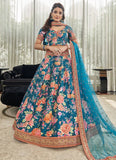 Art Silk Digital Print With Stone Work Lehenga in Teal Blue