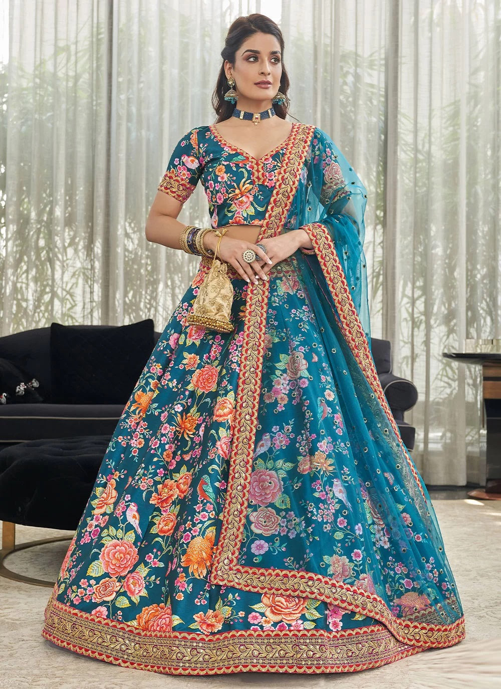 Art Silk Digital Print With Stone Work Lehenga in Teal Blue