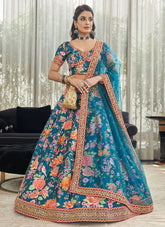 Art Silk Digital Print With Stone Work Lehenga in Teal Blue