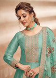 Art Silk Embroidered Green Anarkali With Printed Organza Dupatta
