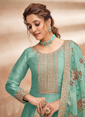 Art Silk Embroidered Green Anarkali With Printed Organza Dupatta