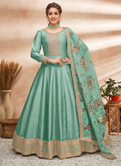 Art Silk Embroidered Green Anarkali With Printed Organza Dupatta