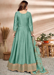 Art Silk Embroidered Green Anarkali With Printed Organza Dupatta