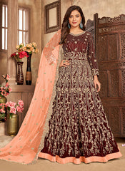 Awesome Maroon Embroidered Velvet Abaya Style Suit