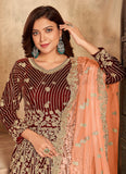 Awesome Maroon Embroidered Velvet Abaya Style Suit