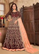 Awesome Maroon Embroidered Velvet Abaya Style Suit