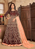 Awesome Maroon Embroidered Velvet Abaya Style Suit