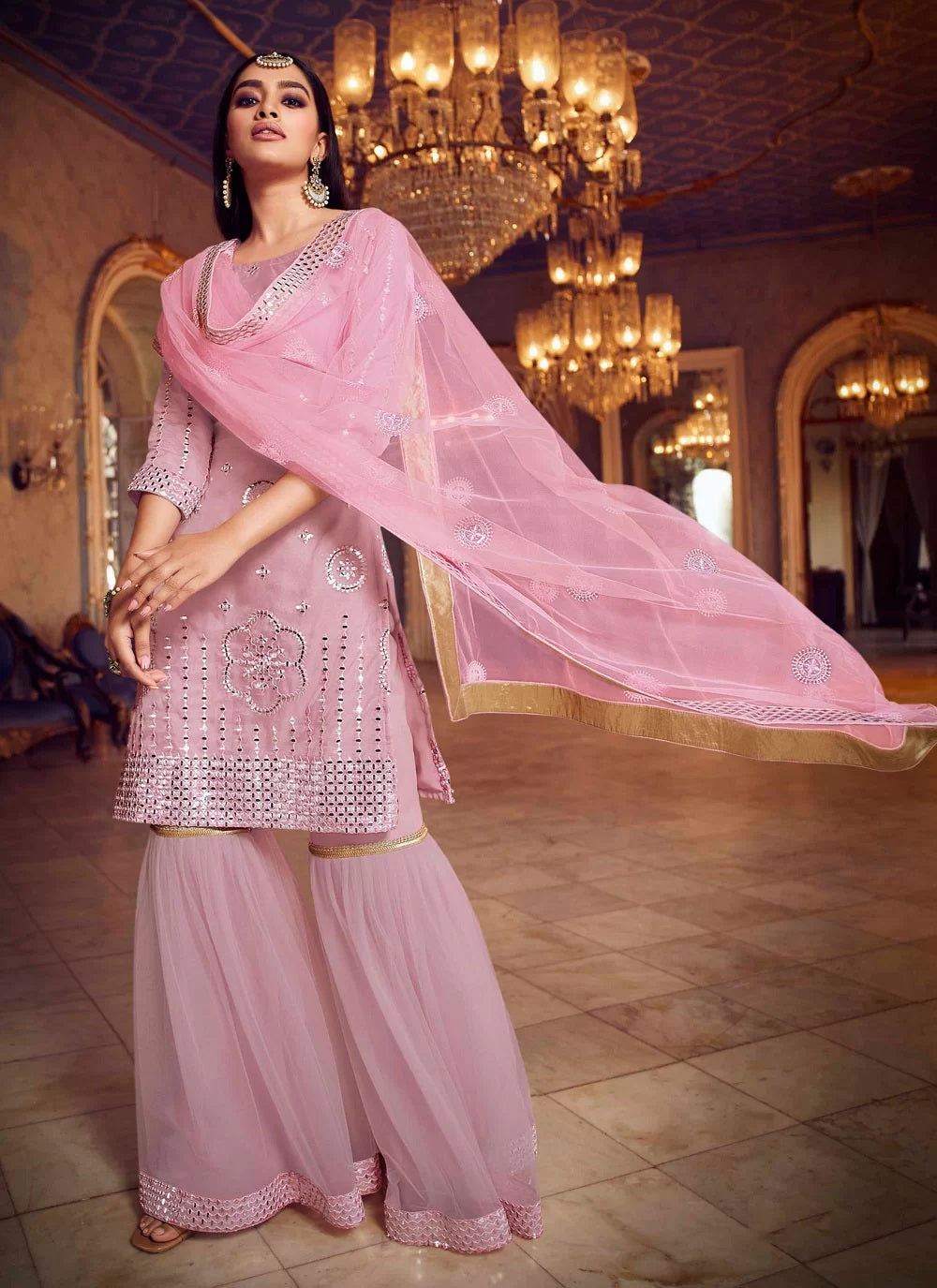 Baby Pink Foil Mirror Work Sharara