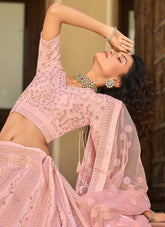 Baby Pink Organza Zari And Resham Work Lehenga