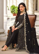 Black Designer Embroidered Georgette Front Slit Style Suit