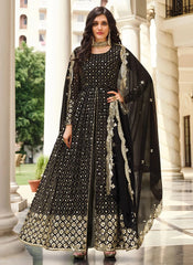 Black Designer Embroidered Georgette Front Slit Style Suit