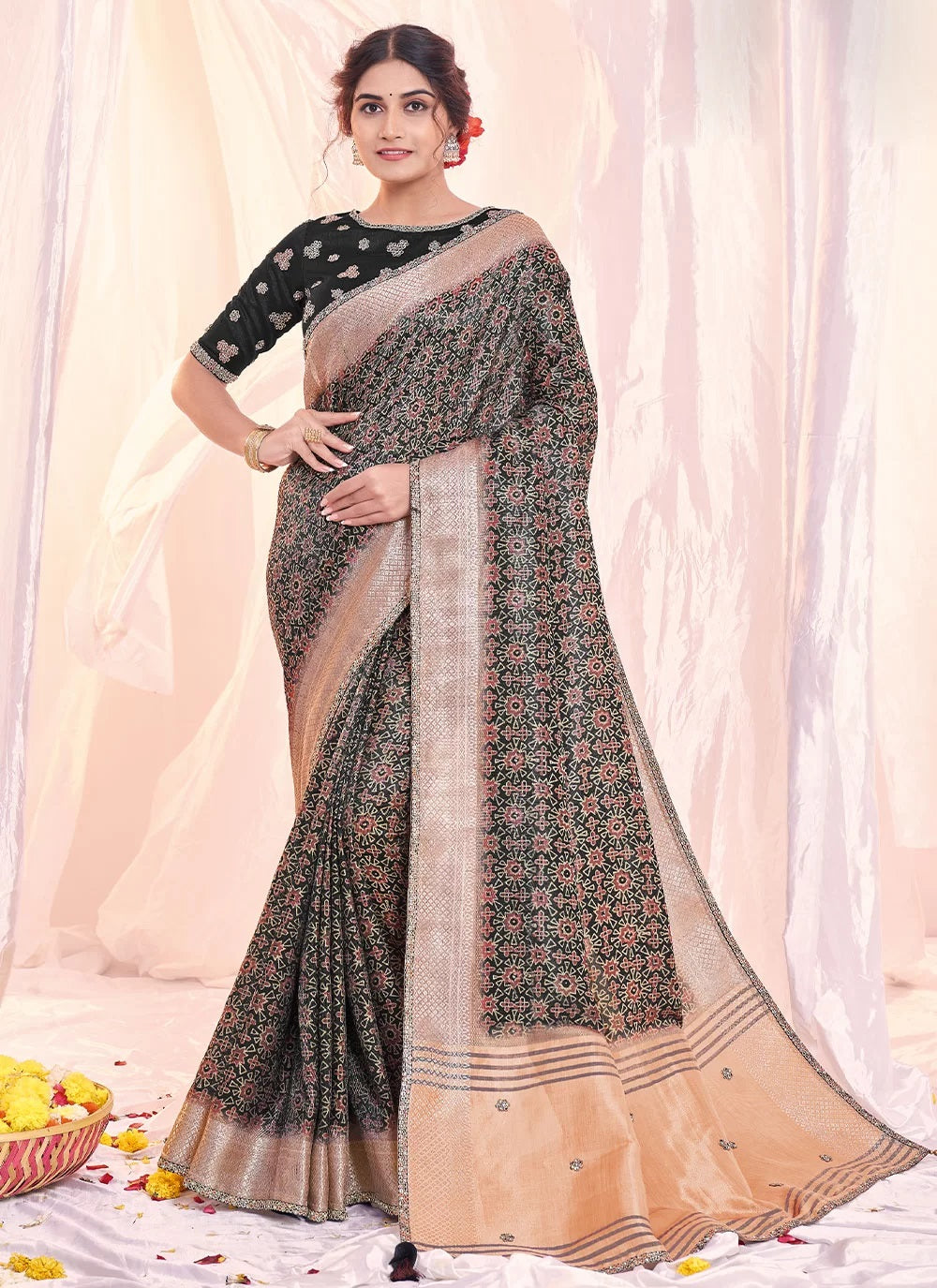Black Designer Embroidered Slub Jacquard Saree
