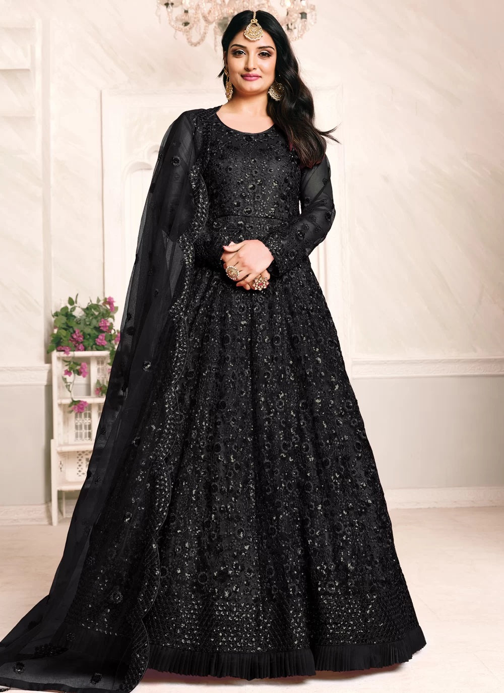 Black Embroidered Net Abaya Style Anarkali Suit