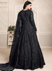 Black Embroidered Net Abaya Style Anarkali Suit