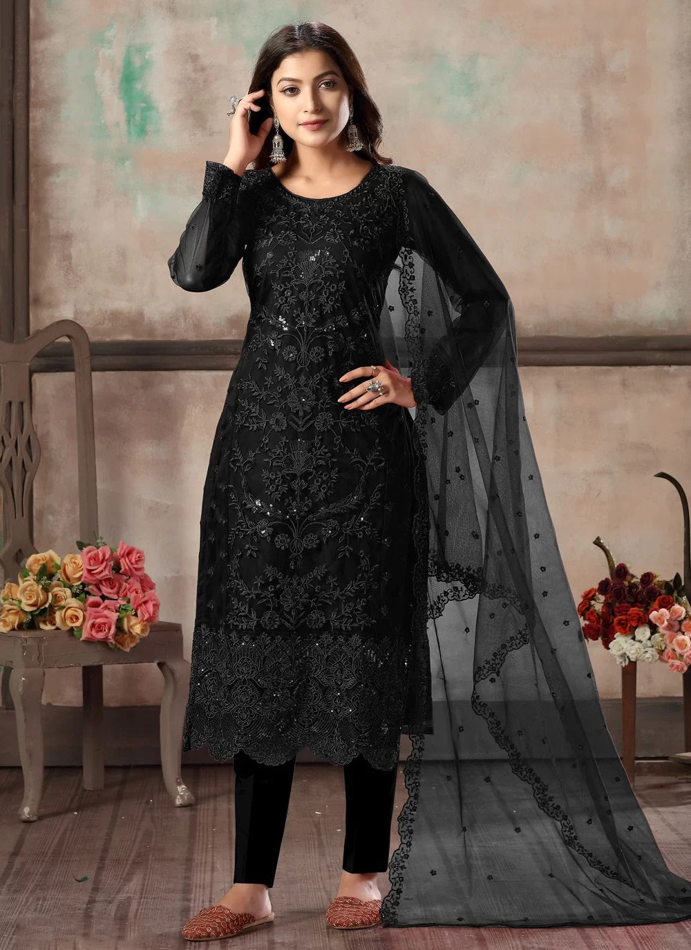 Shop Black Embroidered Pakistani Straight Cut Suit | Gunj Fashion