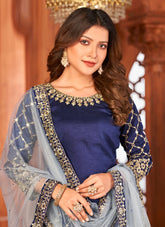 Blue Art Silk Patiyala Suit With Heavy Glass Work