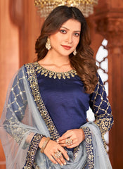 Blue Art Silk Patiyala Suit With Heavy Glass Work