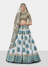 Blue Art Silk Print Flared Lehenga