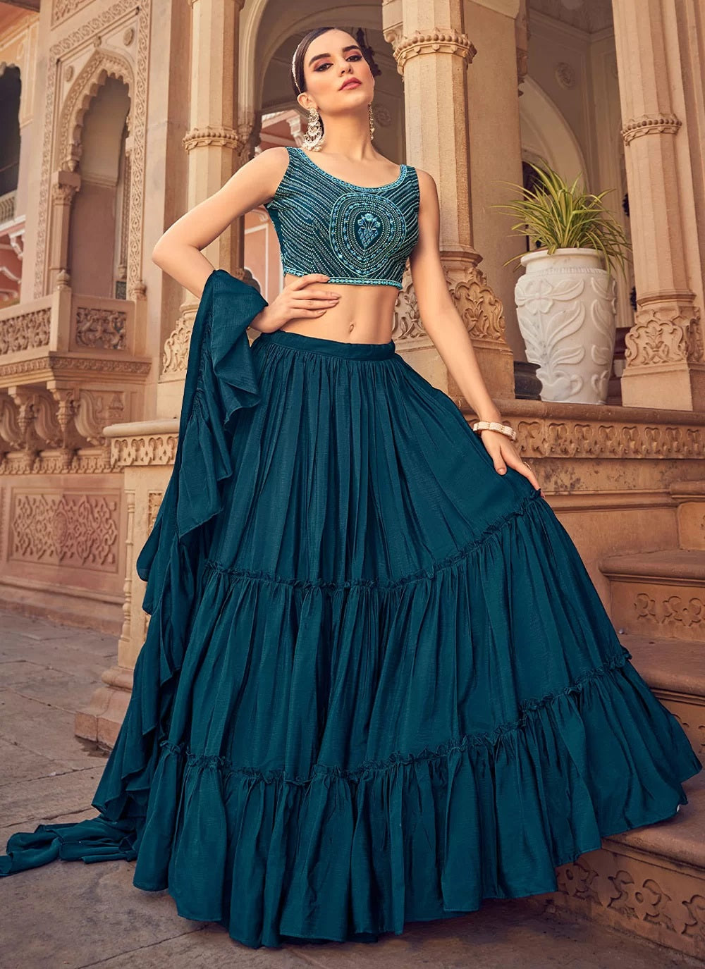 Blue Chinnon Party Wear Thread Work Lehenga