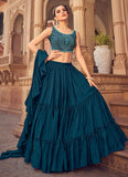 Blue Chinnon Party Wear Thread Work Lehenga
